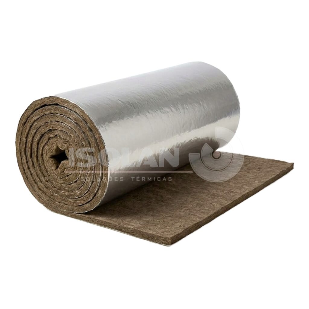 Feltros em lã de rocha, com características térmicas, revestidos em uma das faces com laminado reforçado impermeável.